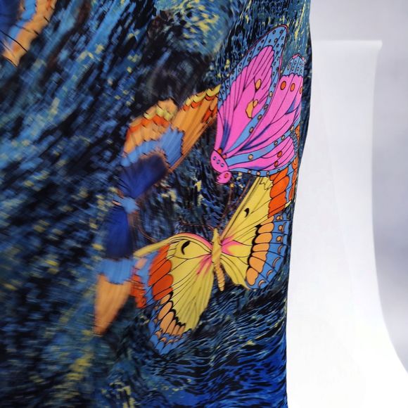 Queen Mulock Butterfly Print Shirt Dress Size M Blue Short Sleeve Pullover Silk - Picture 10 of 12